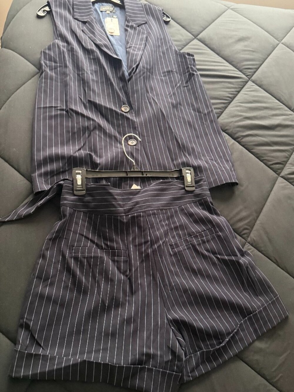 Navy Pinstripe Power Set - Vest & Shorts